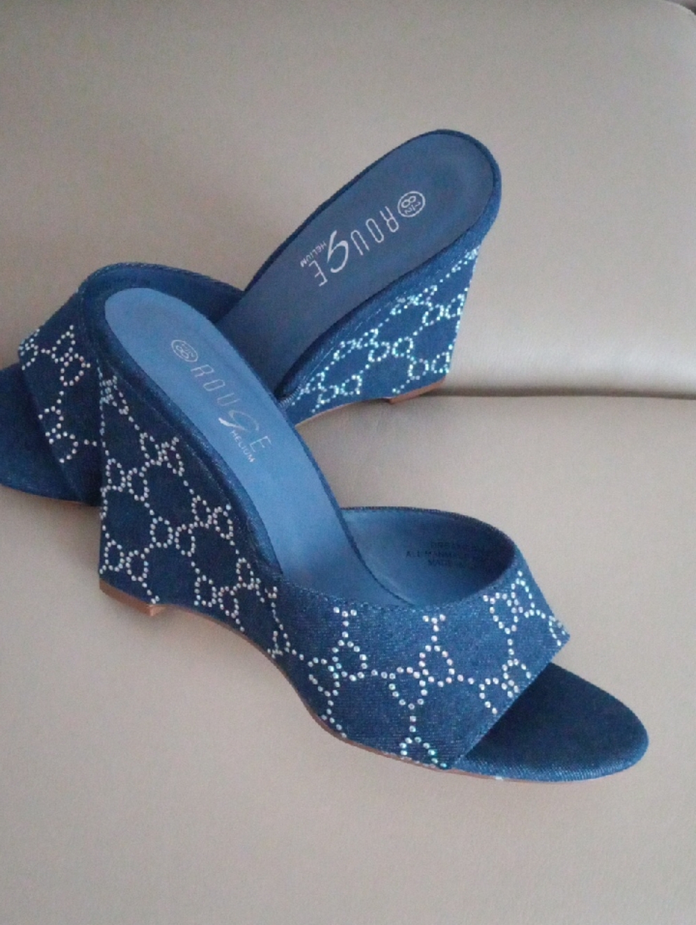 Rouge Helium Navy Blue Wedge Slide Sandals with Studded Chain Motif